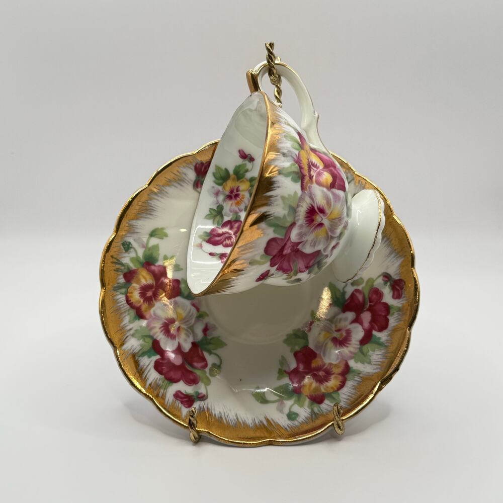 Pansies and Gold Bone China Teacup and Saucer